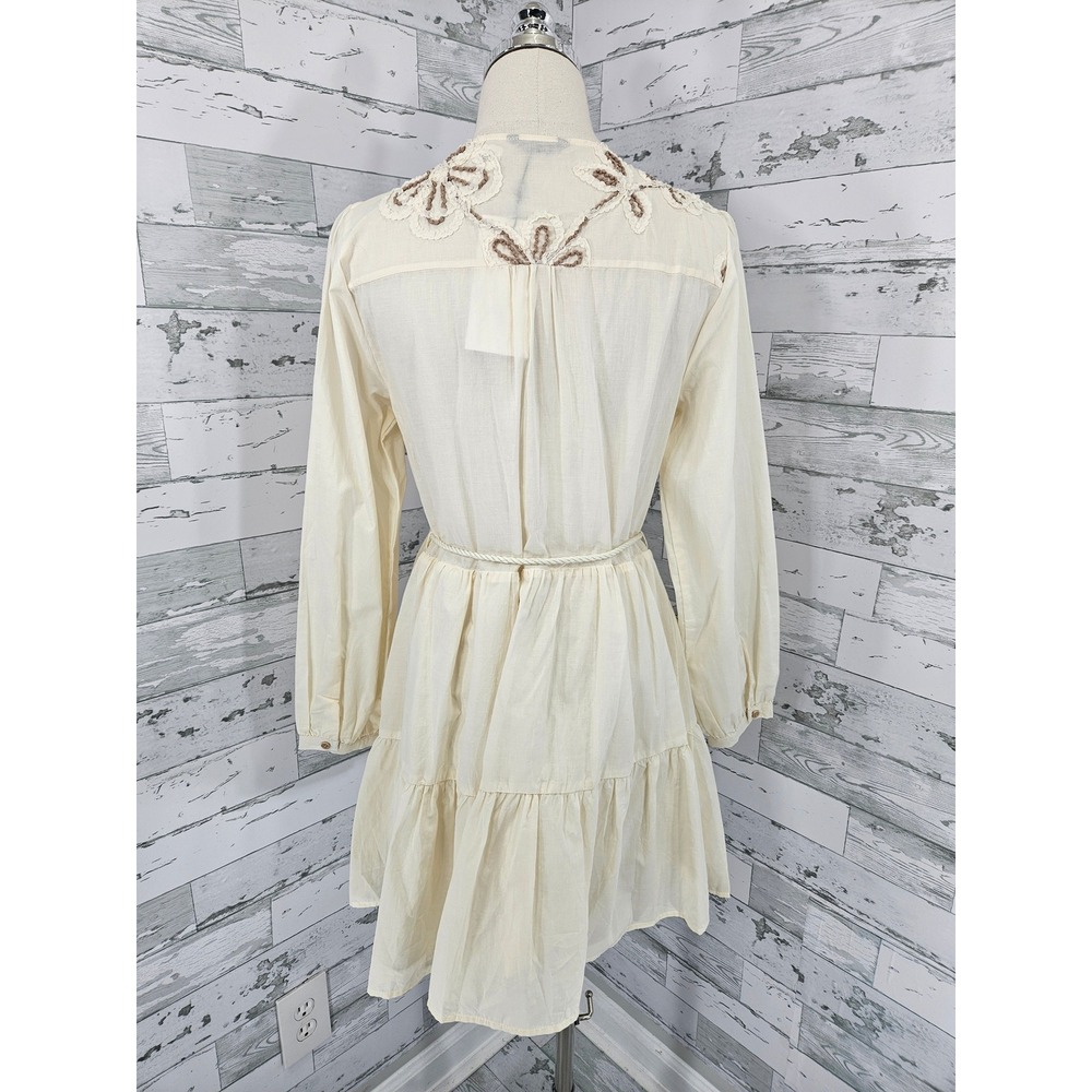 Zara Women Cream Embroidered Floral Mini Dress V-Neck Tassel Belt Size S - Picture 2 of 7